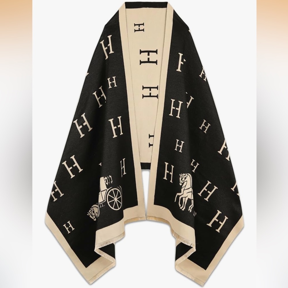 Black & Cream Monogram Wrap with Horse & Carriage Motif